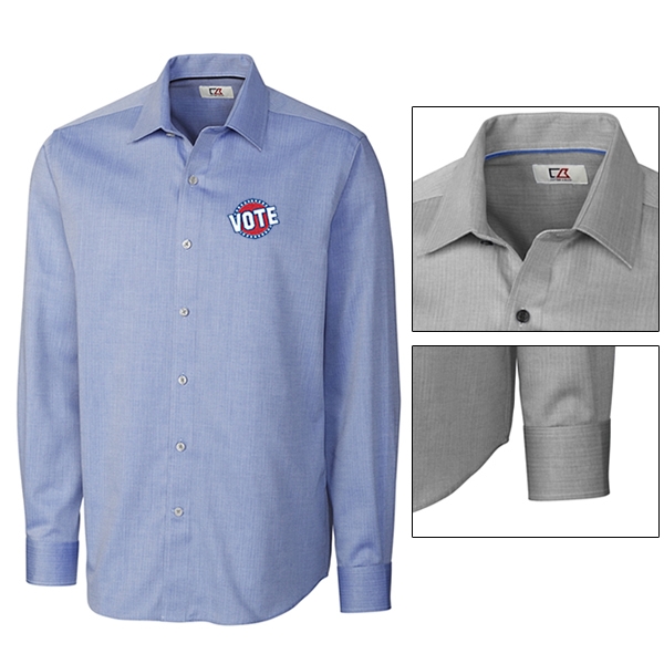 Cutter & Buck MCW01879 Mens Epic Easy Care Mini Herringbone Shirt Embroidered Logo Cutter