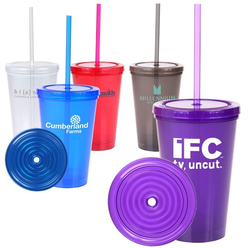 Promotional 16 oz. Double Wall ECO Plastic Straw Tumbler Customized